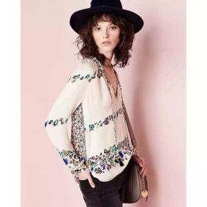 10 Crosby Derek Lam Silk Blouse Nehru Floral Trim Sheer Size 10